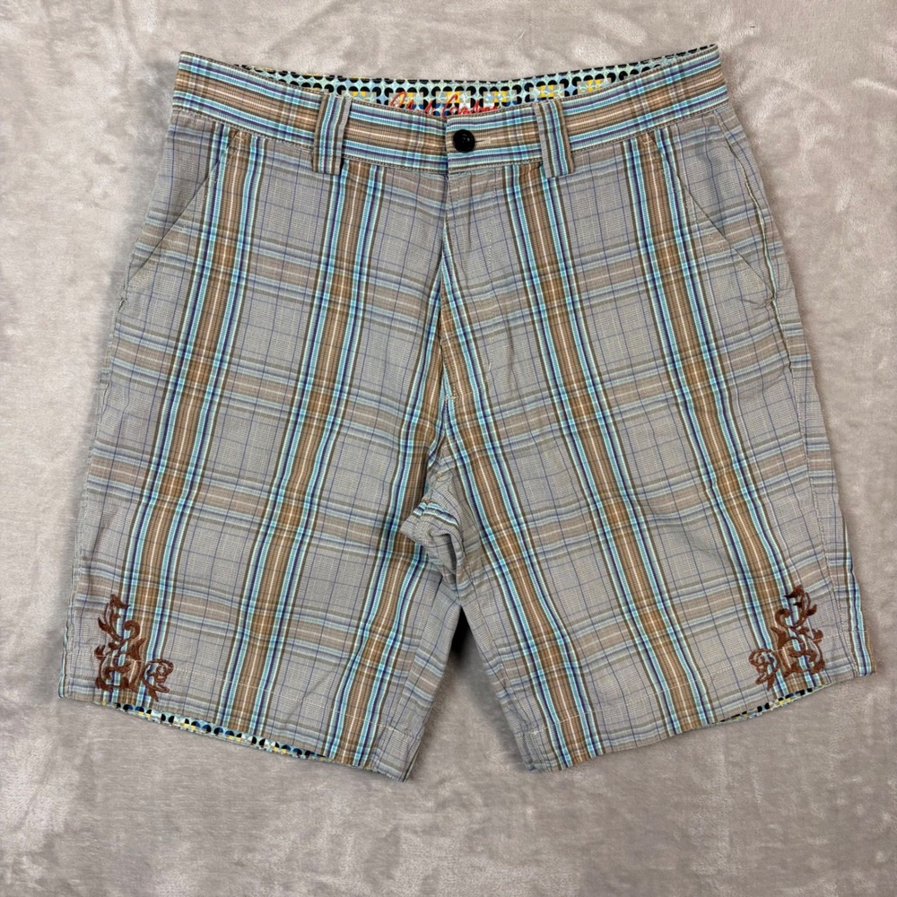 Robert Graham Mens Plaid Embroidered Cotton Shorts Blue Brown Size 32 Coastal